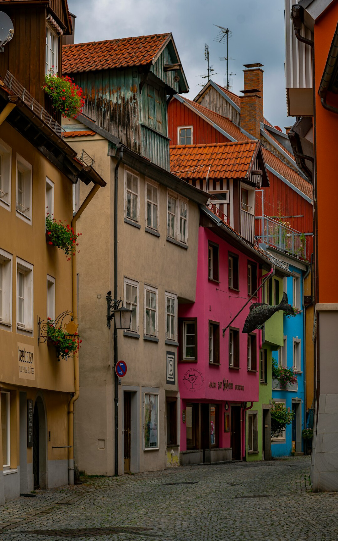 Historic European old town street with colorful townhouses